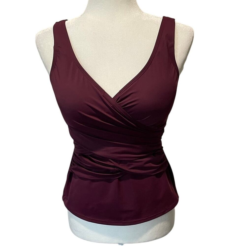 Lands’ End SlenderSuit Wrap Tankini Swim Top Sz 8 Dark Wine UPF 50 Firming